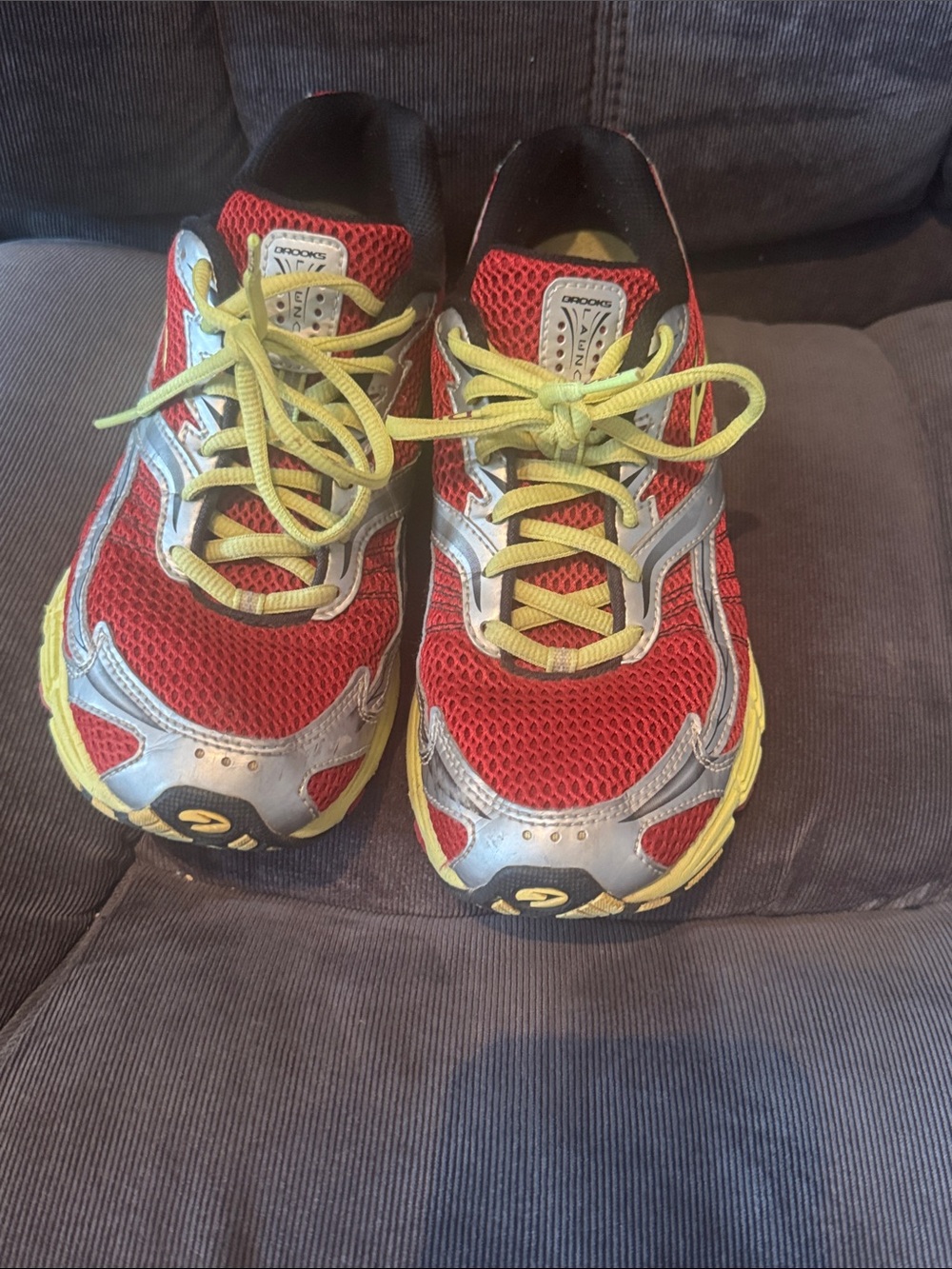 Brooks Red Mesh Running Shoes with Yellow Accents